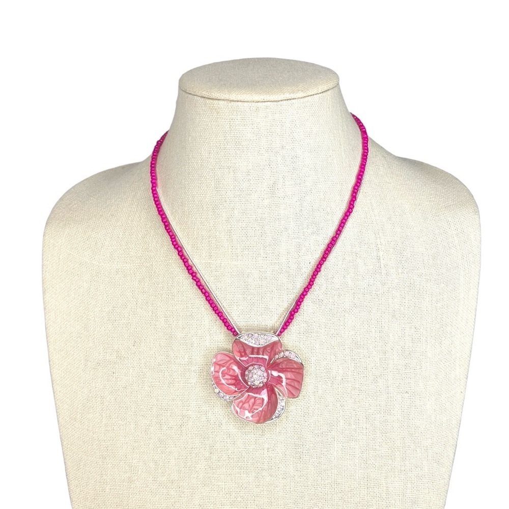 Pink Enamel and Rhinestone Flower Pendant Necklace